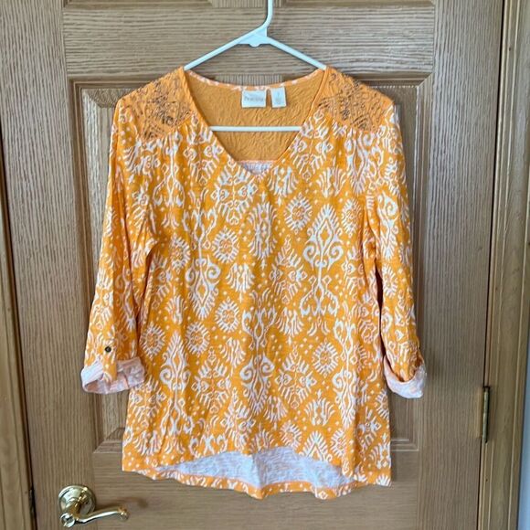 Chico’s Orange White Beaded Top Size Medium - Picture 1 of 6